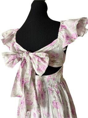 REBELLION AGAIN New Floral Ruffle Mini Dress Bow Feminine White Lavender Medium
